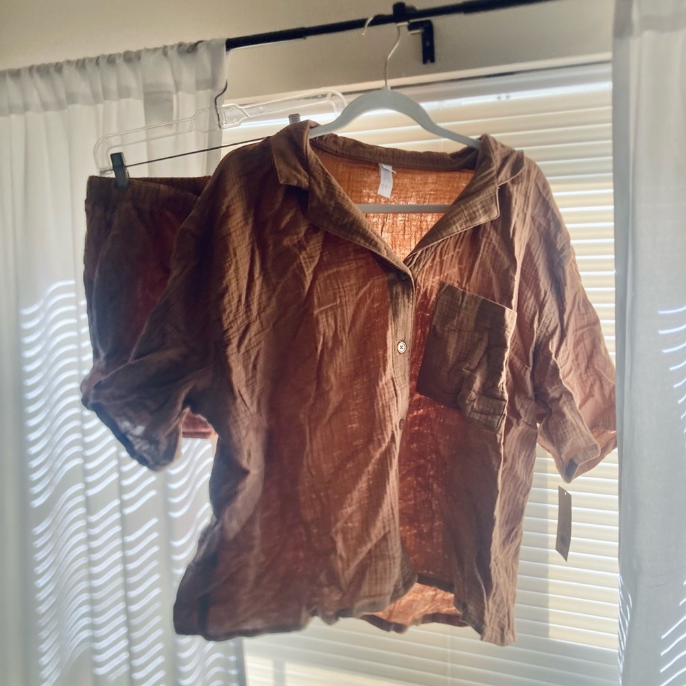 NWT Brown Button-Up Shirt and Shorts Set